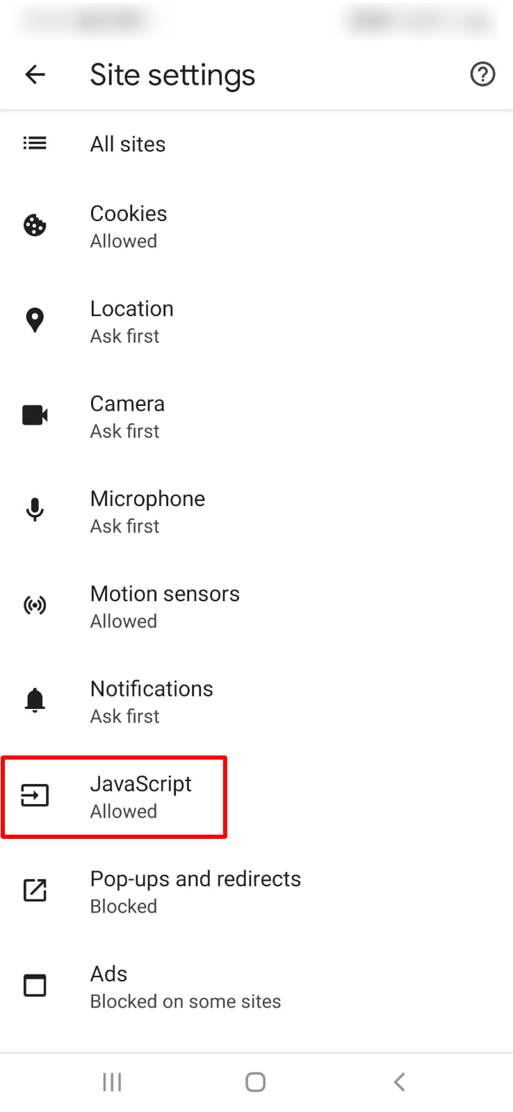 How to Block or Enable JavaScript on Chrome for Android step 4