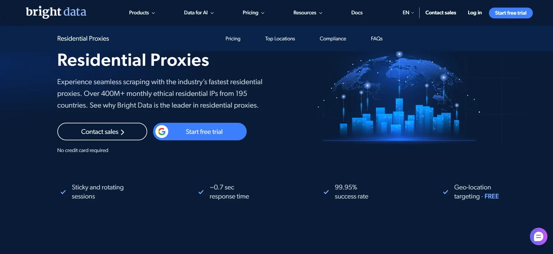 Bright Data residential proxies page highlighting 400M+ IPs in 195 countries and free geo-targeting
