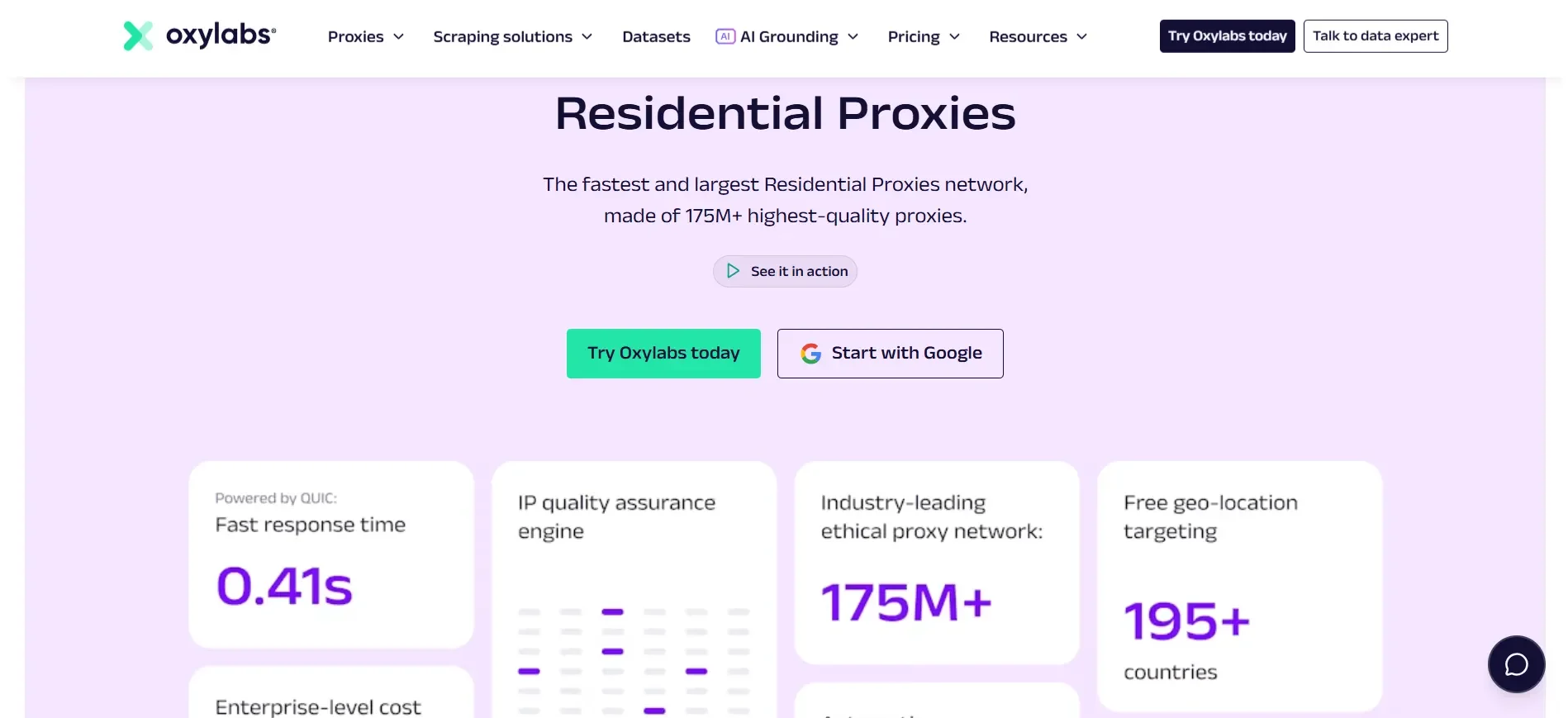 Oxylabs residential proxies page advertising a 175M+ IP network