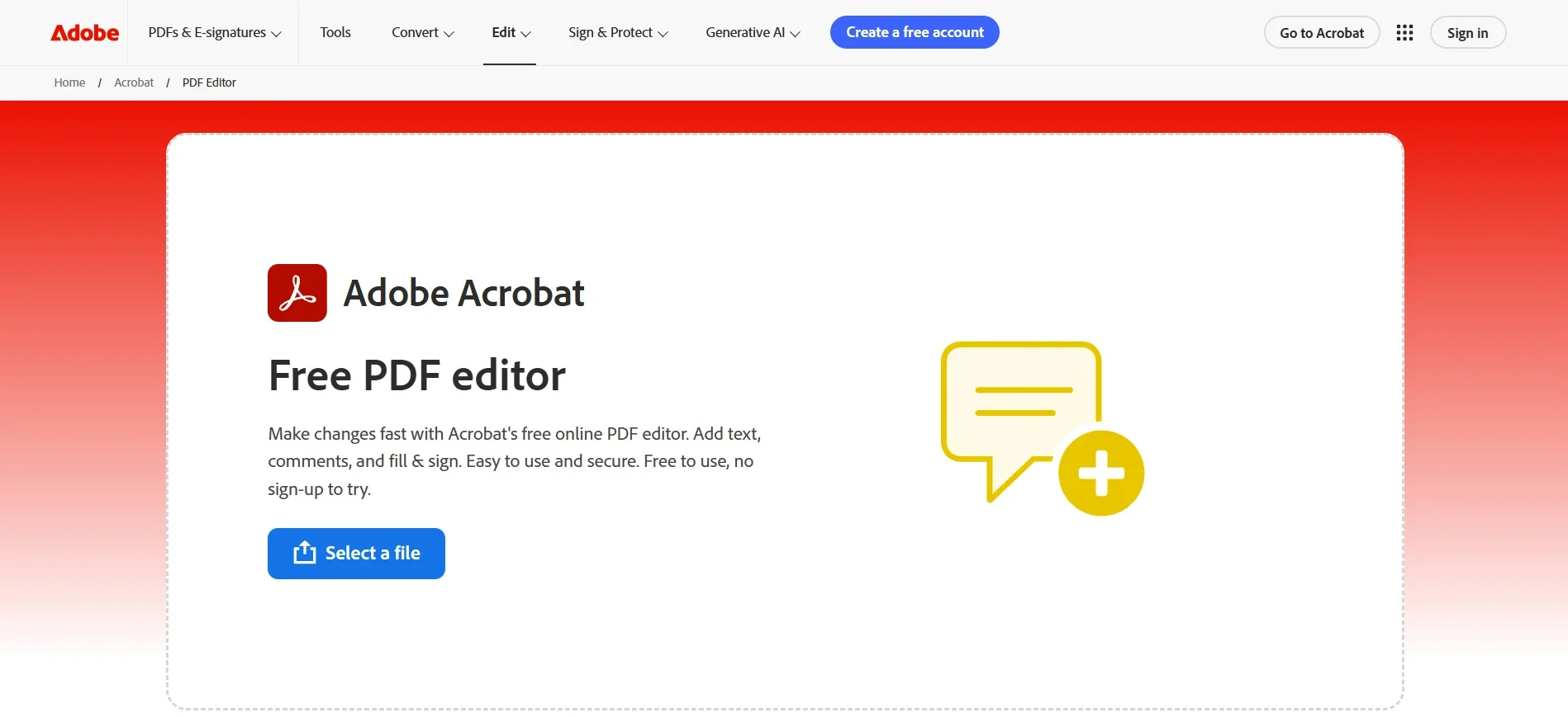 Adobe Acrobat PDF editor interface for editing PDF documents online