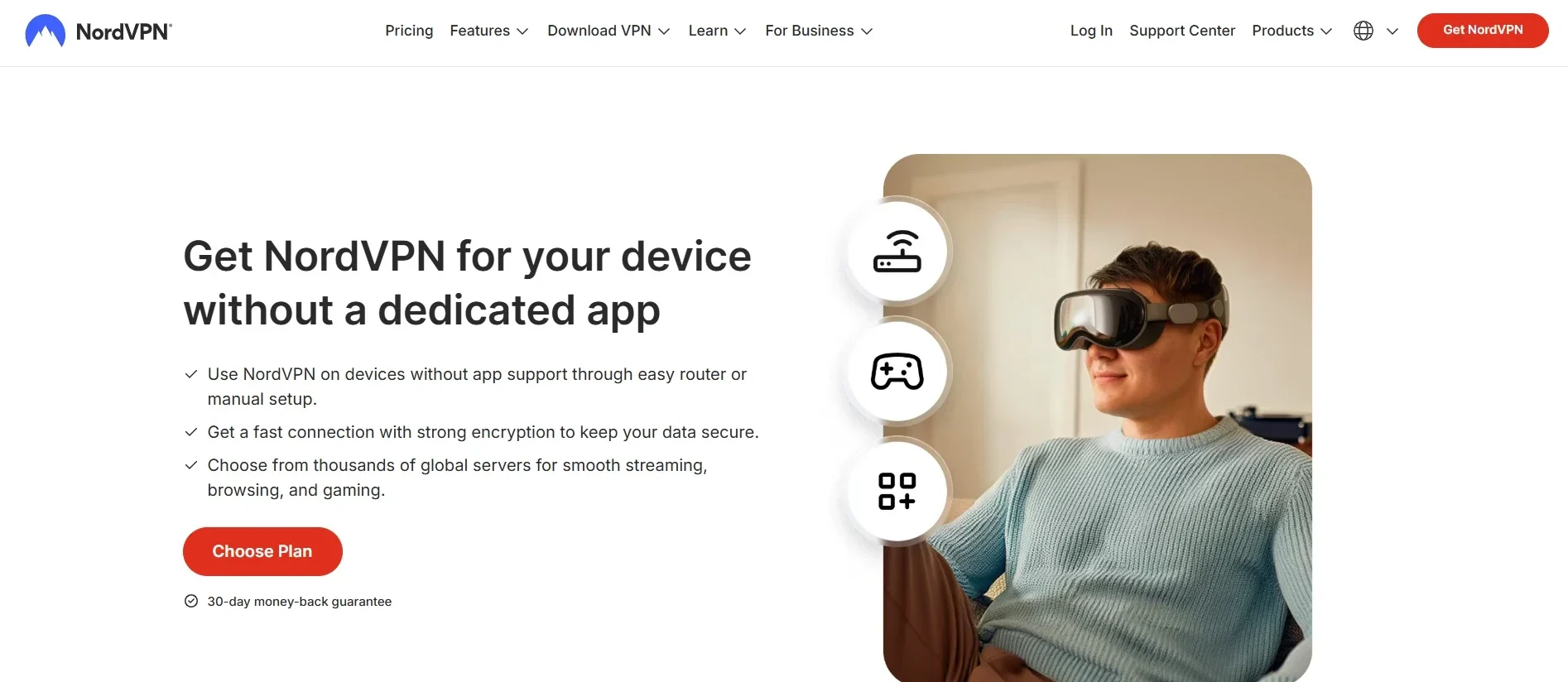 NordVPN device compatibility page showing manual VPN setup for routers, smart TVs, gaming consoles, and other devices without a dedicated app