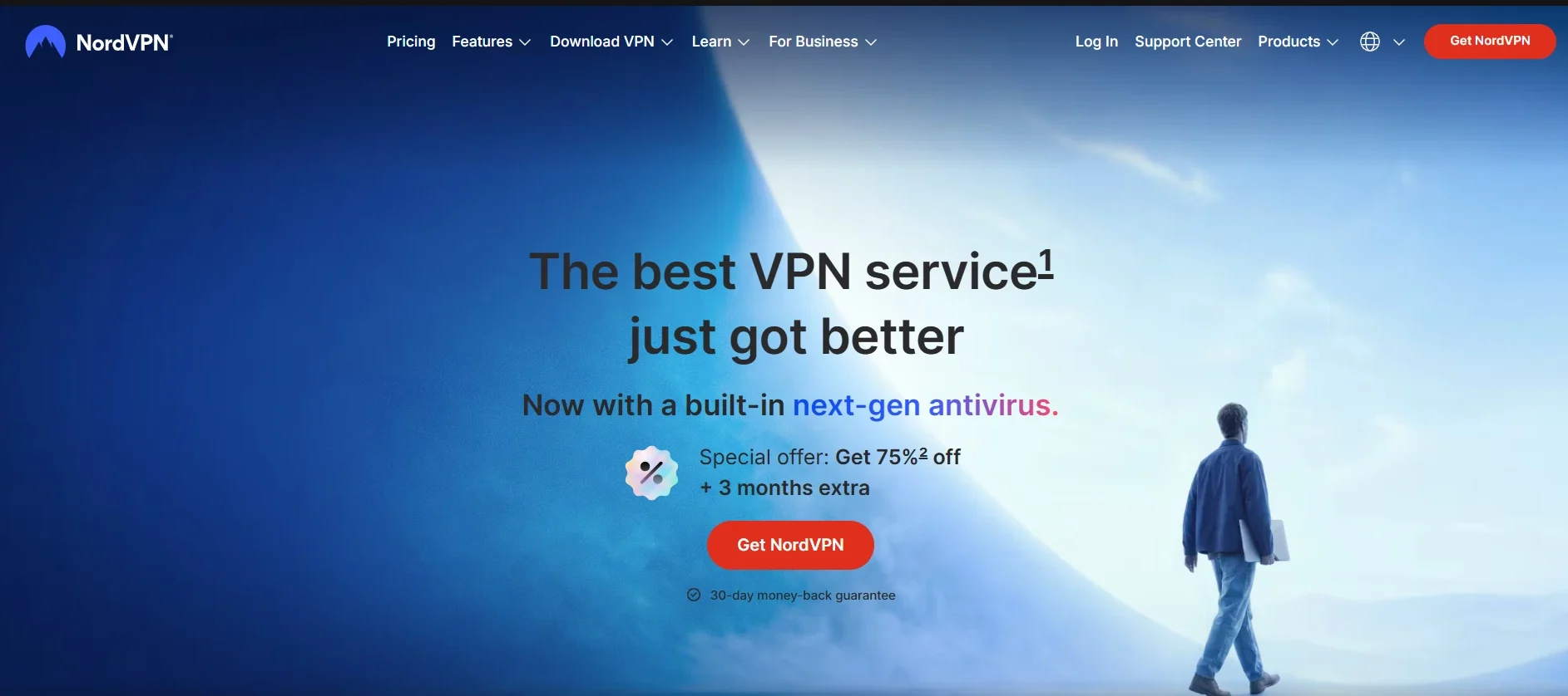 Screenshot of the NordVPN homepage showing the main interface, VPN features, pricing navigation, antivirus promotion, and the Get NordVPN call-to-action button.