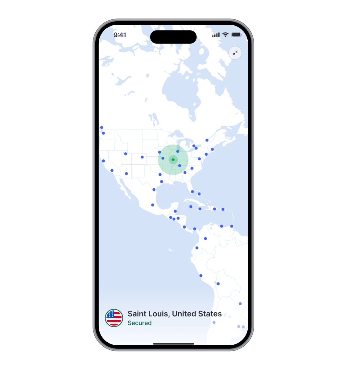 Screenshot of the NordVPN mobile app displaying the interactive server map, active VPN connection to Saint Louis, United States, and the simple interface used for setting up and connecting to a VPN.