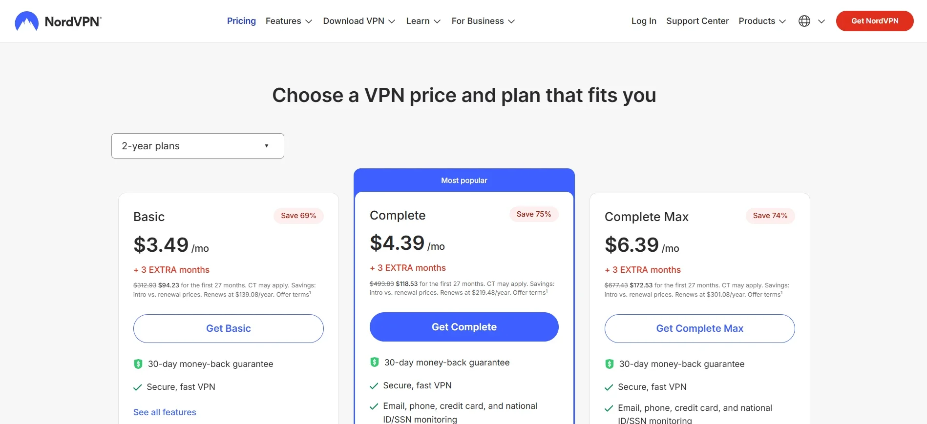 Screenshot of NordVPN pricing plans showing Basic, Complete, and Complete Max subscriptions with monthly rates, feature comparisons, discounts, and a 30-day money-back guarantee.