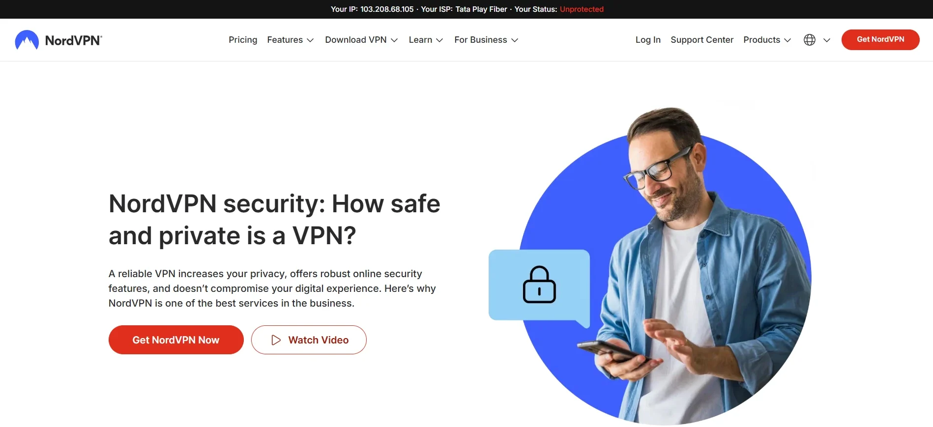 Screenshot of NordVPN’s security page highlighting privacy protection, encrypted connections, advanced security features, and safe browsing tools designed to keep user data secure online.