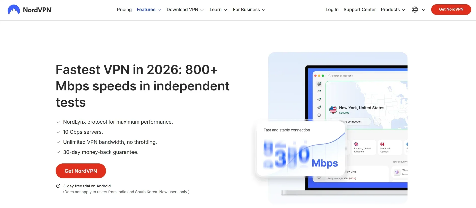 Screenshot of NordVPN highlighting independently tested 800+ Mbps speeds, the NordLynx protocol, 10 Gbps servers, and unlimited bandwidth for smooth 4K streaming and fast downloads.