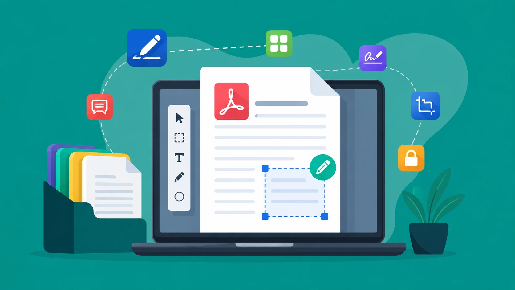 Illustration of a PDF editor with document editing tools on a laptop