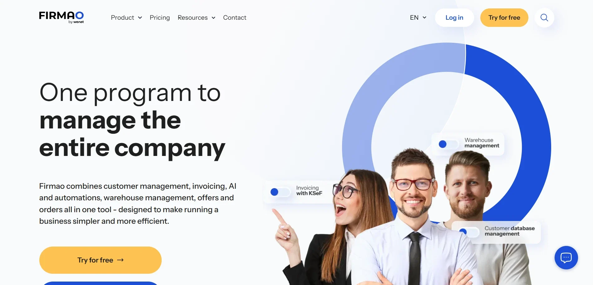Firmao CRM and ERP software homepage showing invoicing, warehouse management, and customer database tools
