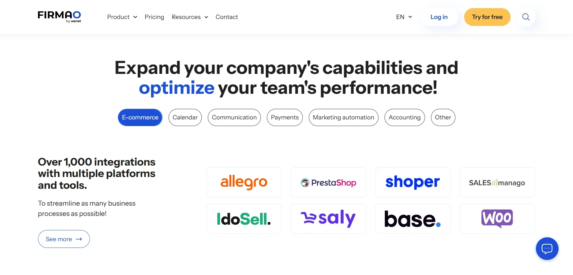Firmao integration marketplace with e-commerce platforms including Allegro, PrestaShop, Shoper, and WooCommerce