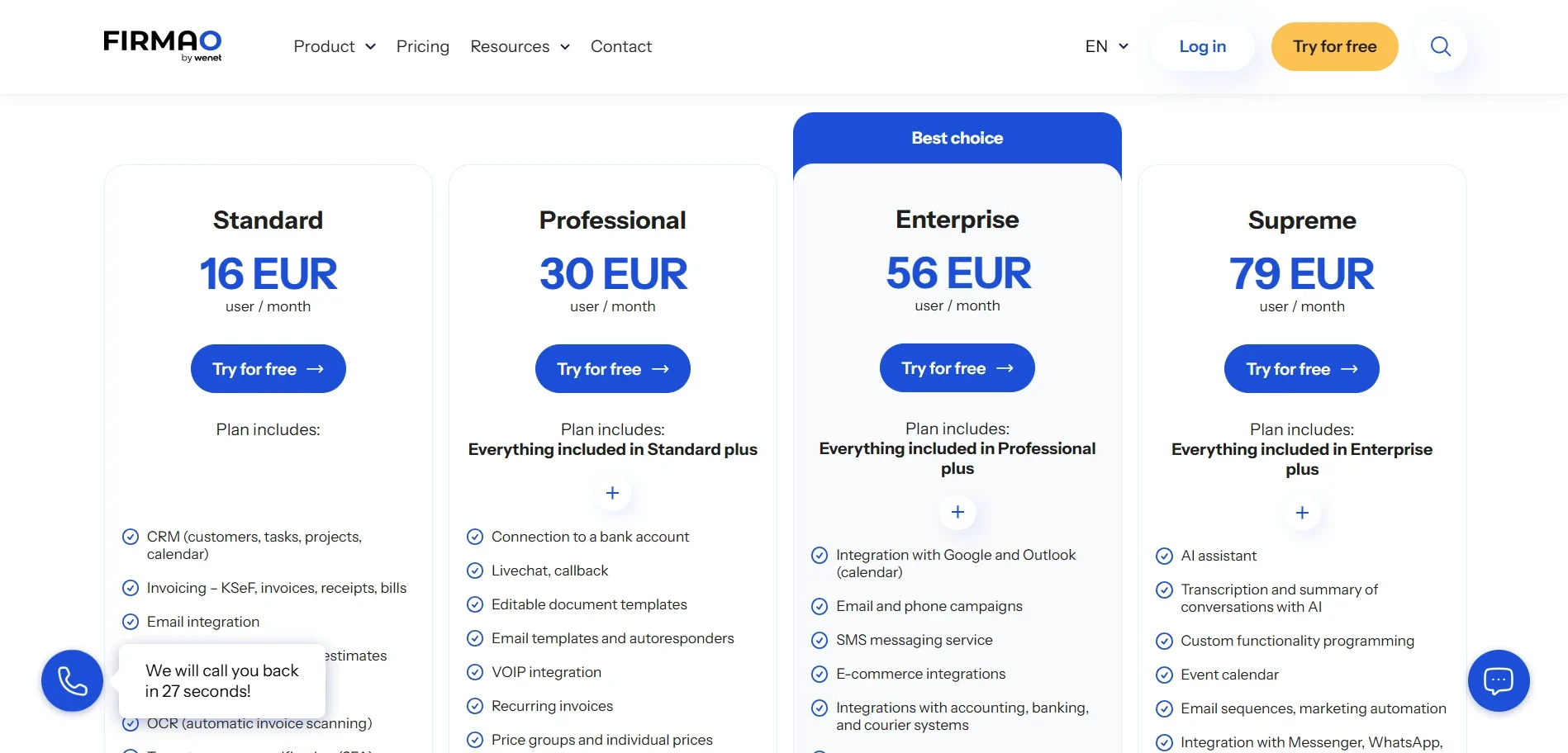 Firmao pricing comparison showing Standard, Professional, Enterprise, and Supreme plans