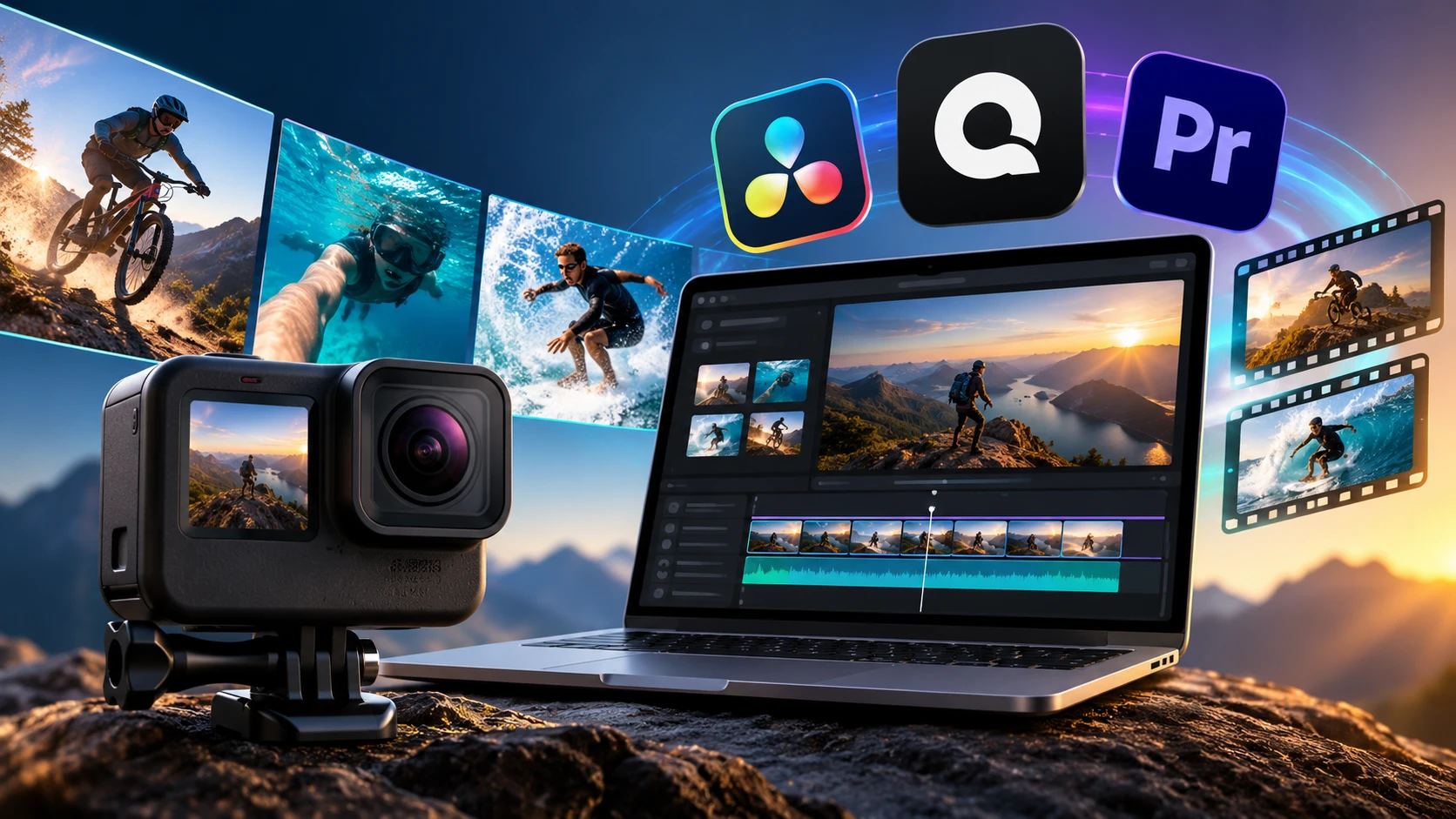 GoPro camera and laptop showing DaVinci Resolve, Quik, and Premiere Pro editing action footage