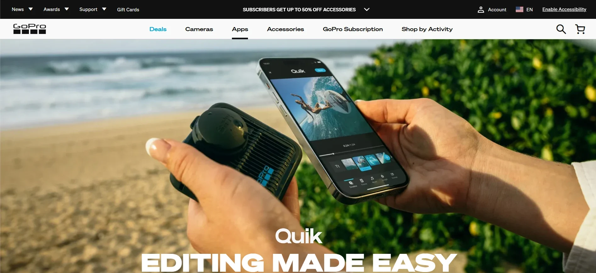 GoPro Quik video editing app shown on GoPro's official website