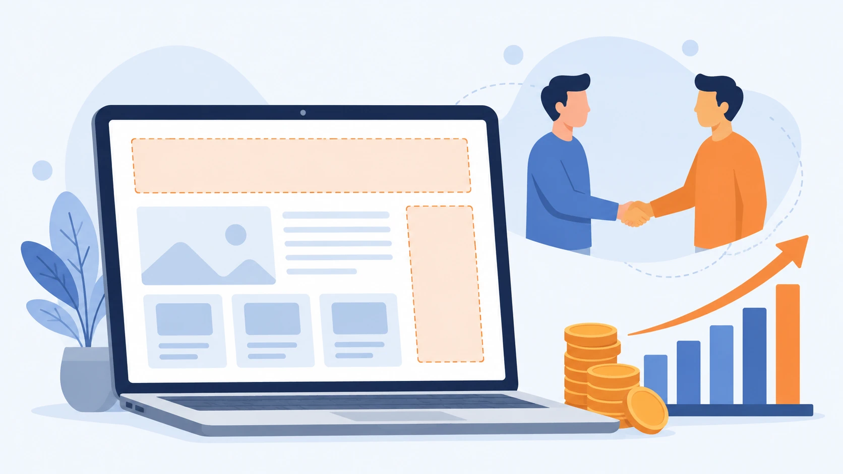 Website with ad banner spaces, handshake deal, and rising revenue chart