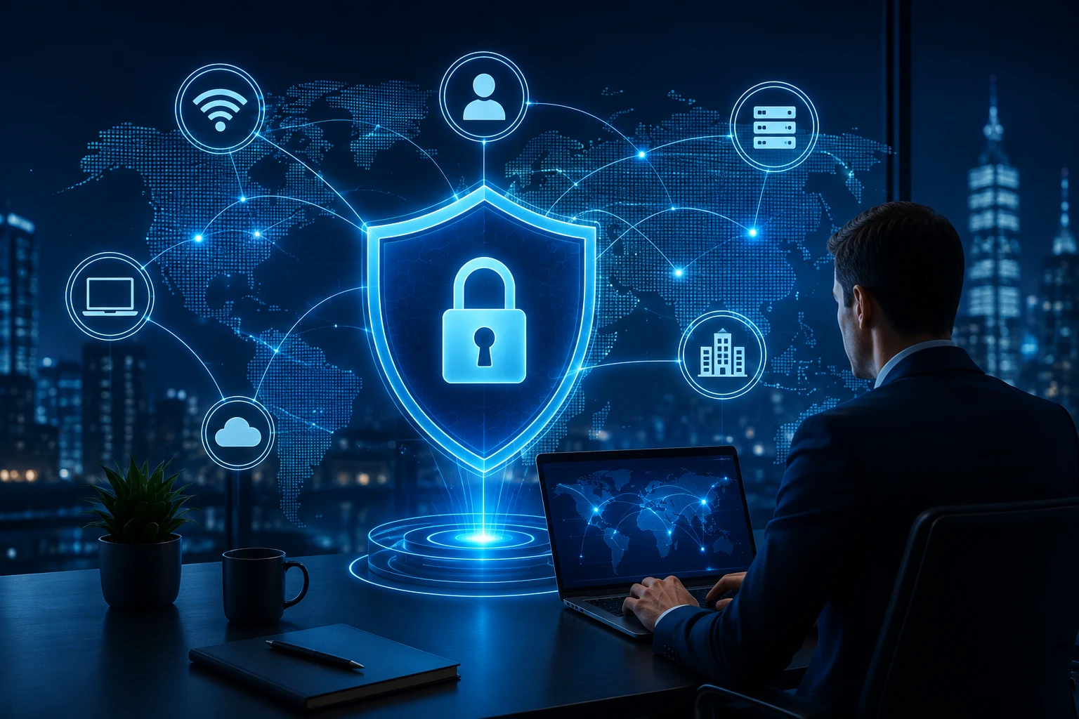 Business VPN protecting a corporate network with encrypted connections across devices, servers, and global locations