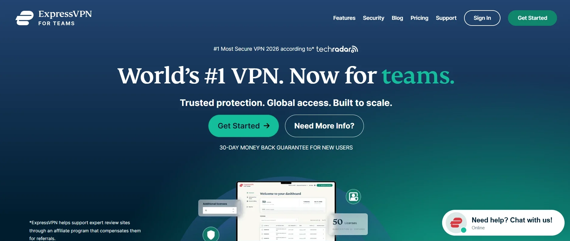ExpressVPN for Teams dashboard for managing business VPN licenses and secure access