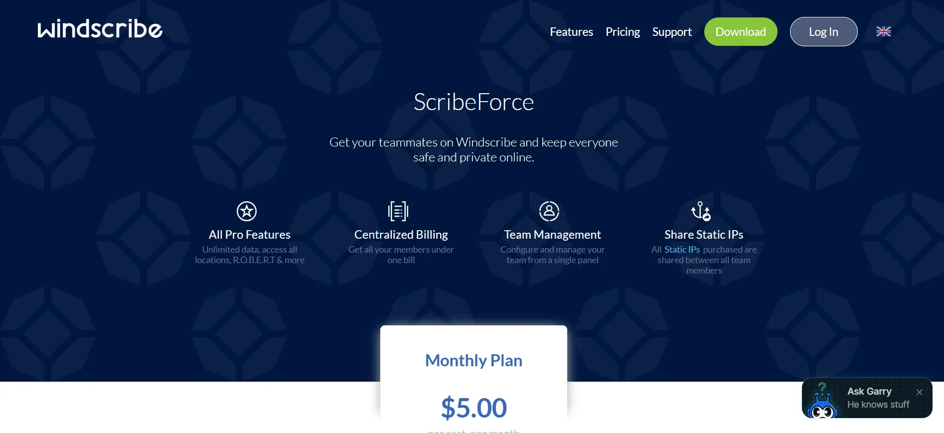 Windscribe ScribeForce business VPN with centralized billing and team management