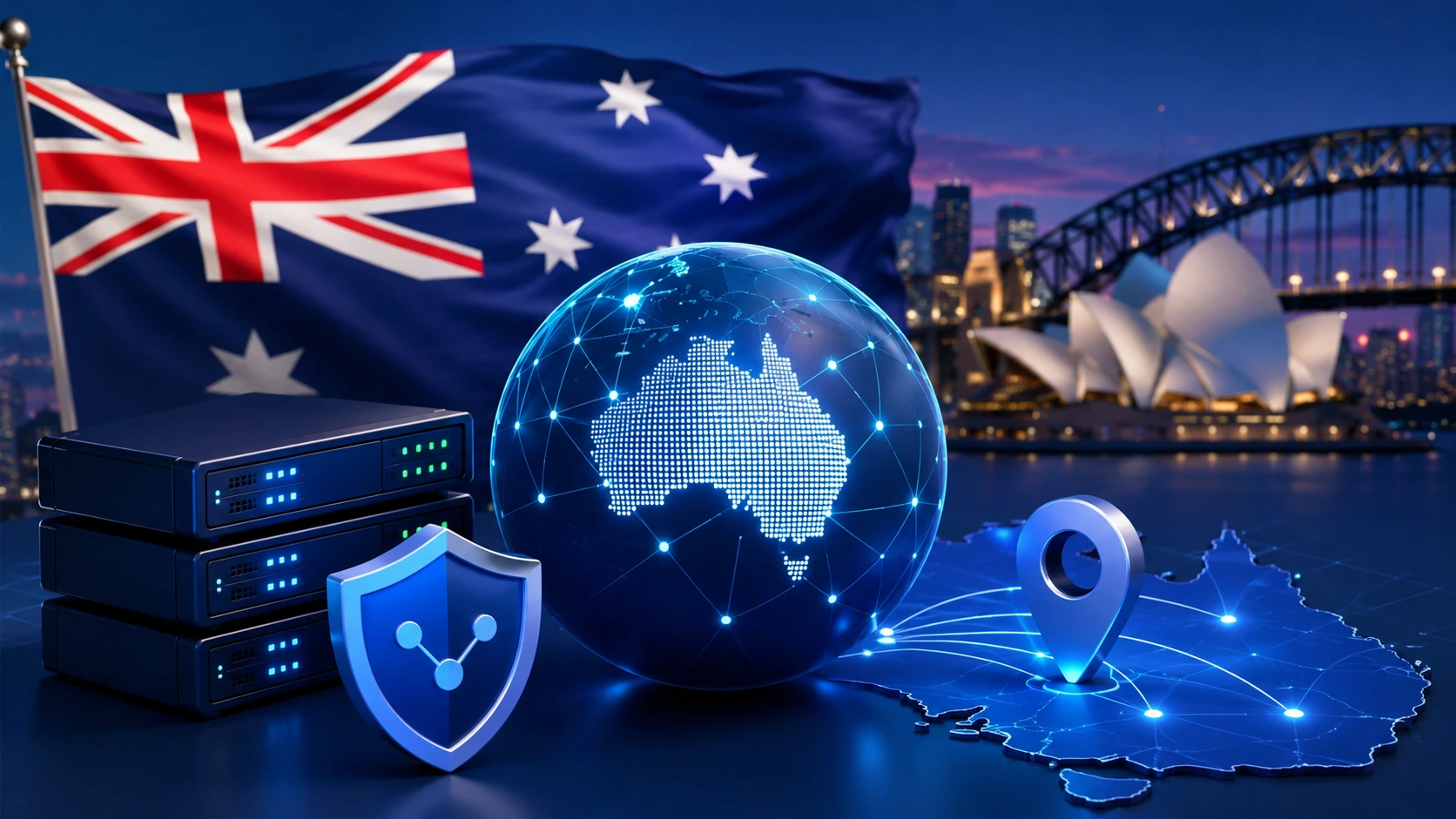 Digital illustration of Australia's map connected to a secure global proxy network with server infrastructure, cybersecurity shield, location marker, and Sydney skyline representing Australian proxy services.
