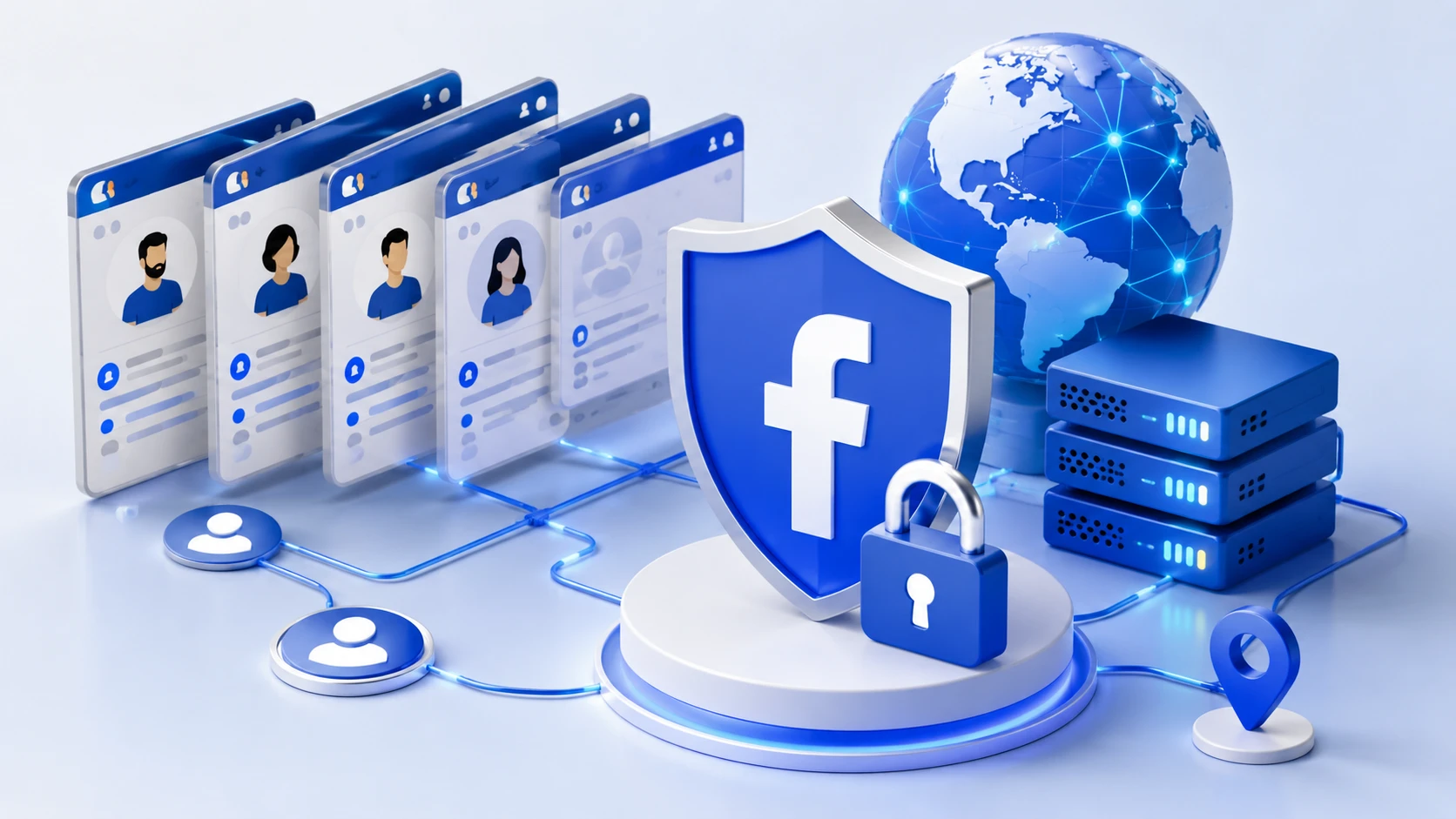 3D illustration of secure Facebook multi-account management featuring a shield with a social media icon, multiple user profiles, proxy servers, a connected globe, and a padlock representing privacy, anonymity, and secure proxy routing.