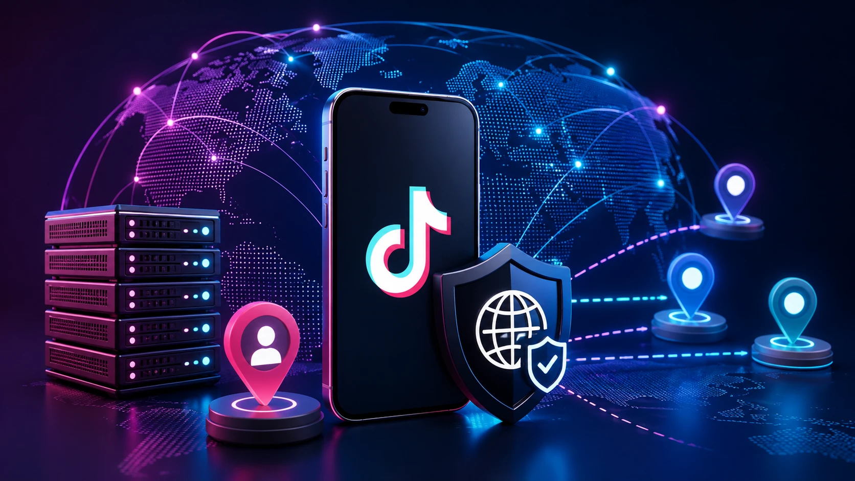 3D illustration of a smartphone displaying the TikTok logo surrounded by proxy servers, a global network map, location pins, and a cybersecurity shield representing secure proxy services for TikTok.
