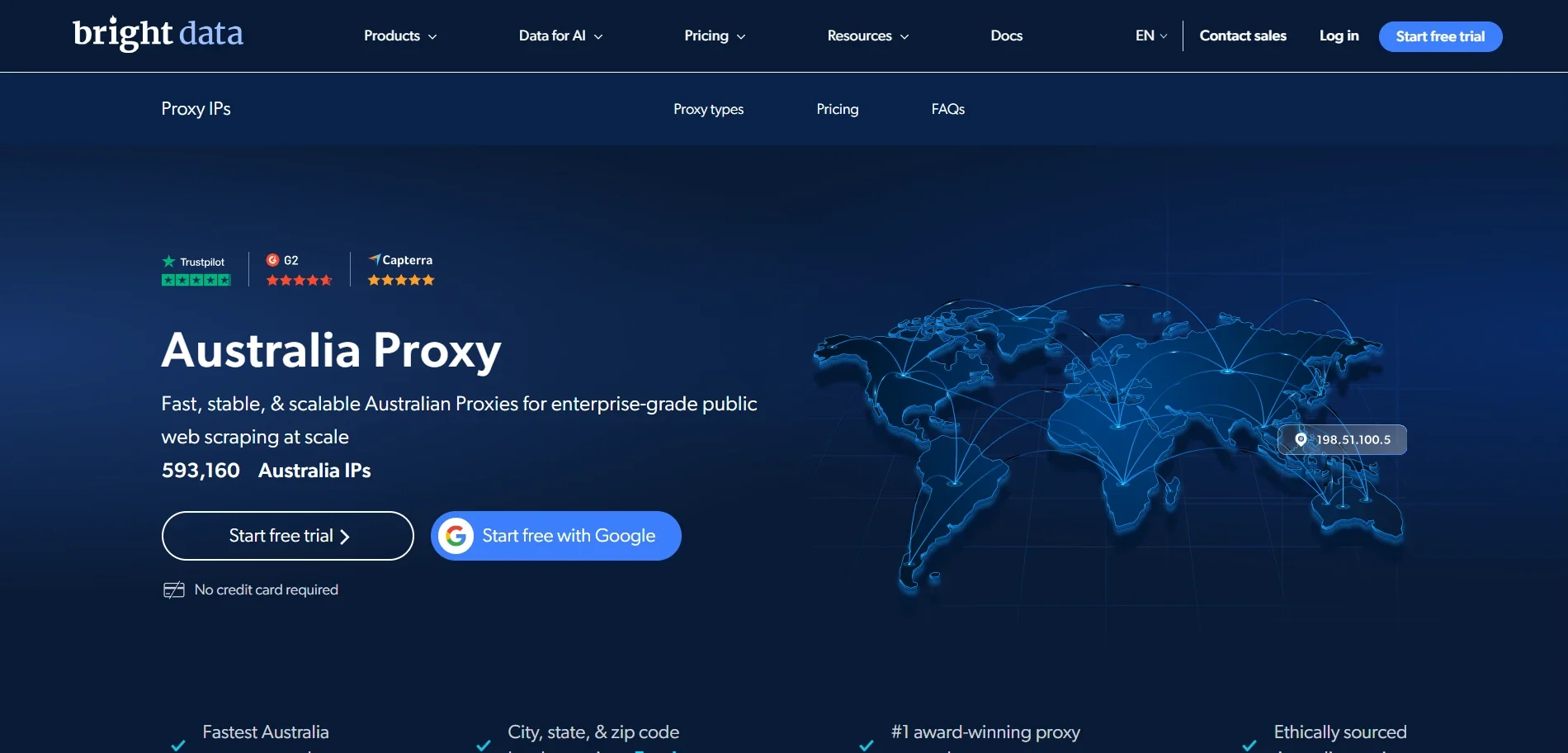 Bright Data Australia proxy service page showing Australian residential IP availability, global proxy network map, pricing, and free trial options.