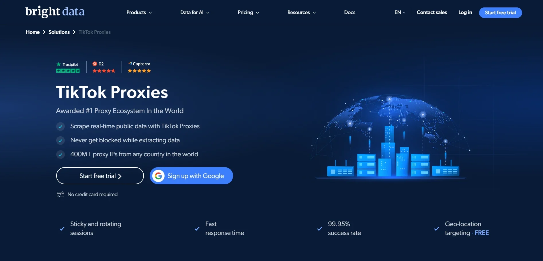 Screenshot of Bright Data TikTok Proxies page highlighting residential proxy network, 400M+ IPs, geo-targeting, rotating sessions, and free trial options for TikTok automation and scraping.