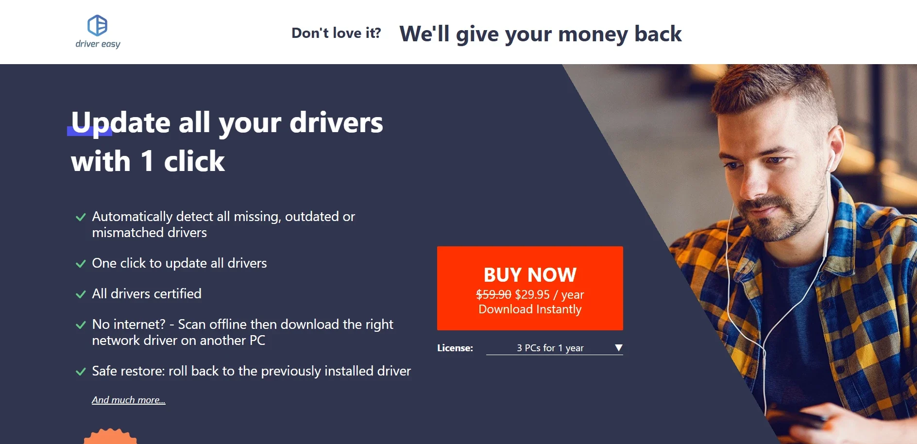 Driver Easy Pro pricing page showing $29.95 per year for a 3 PCs license, with 1-click driver update features listed