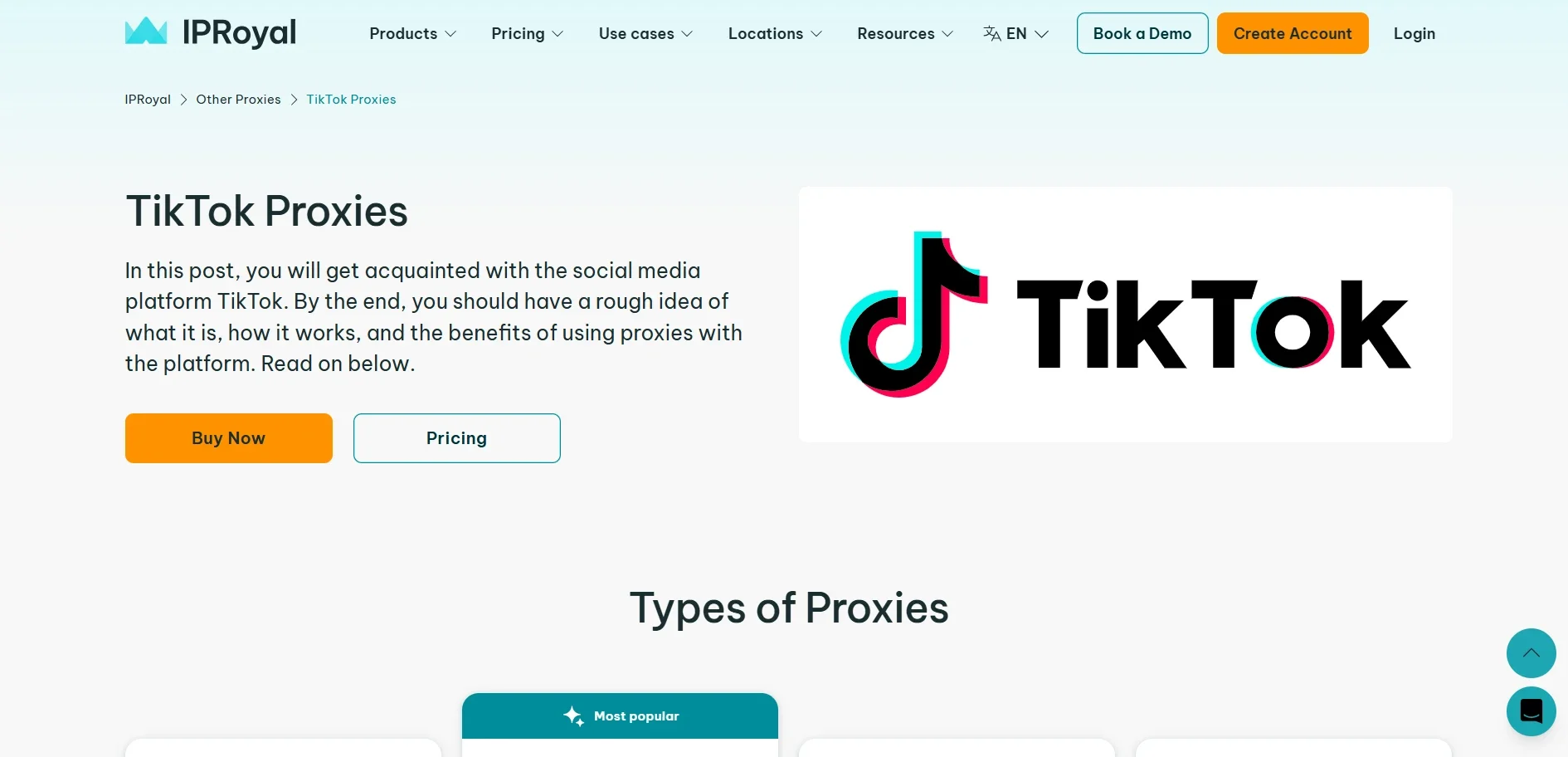 Screenshot of IPRoyal TikTok Proxies page showing residential proxy services, pricing options, proxy types, and TikTok proxy solutions for secure account management and data collection.