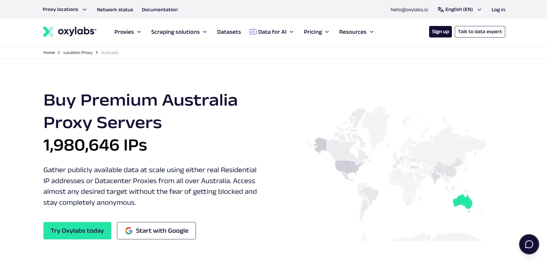 Oxylabs Australia proxy servers page featuring Australian residential IPs, location-based proxy coverage map, and enterprise web scraping solutions.