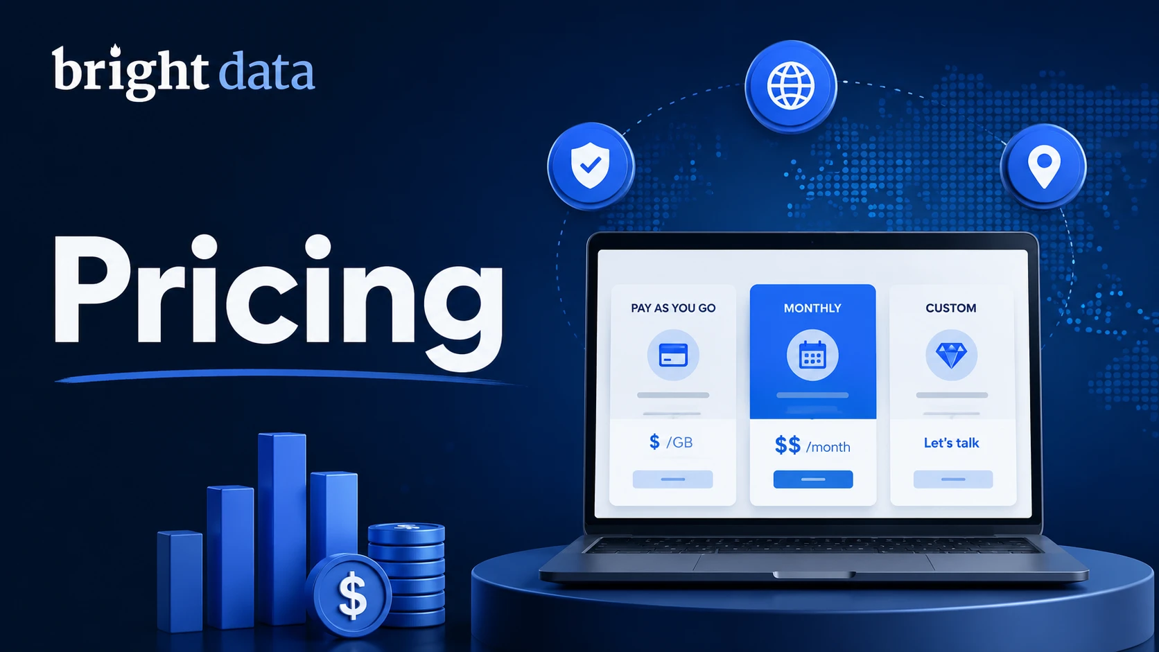 Bright Data pricing plans cover illustration featuring the Bright Data logo, pricing dashboard, laptop, and enterprise proxy service visuals.
