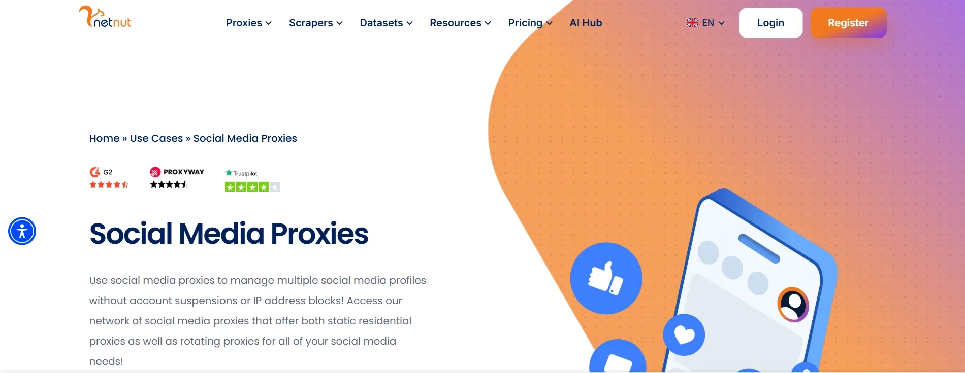 Screenshot of NetNut TikTok proxy page highlighting ISP-backed residential proxies, stable connections, rotating and static IP options, and enterprise proxy solutions for TikTok automation.