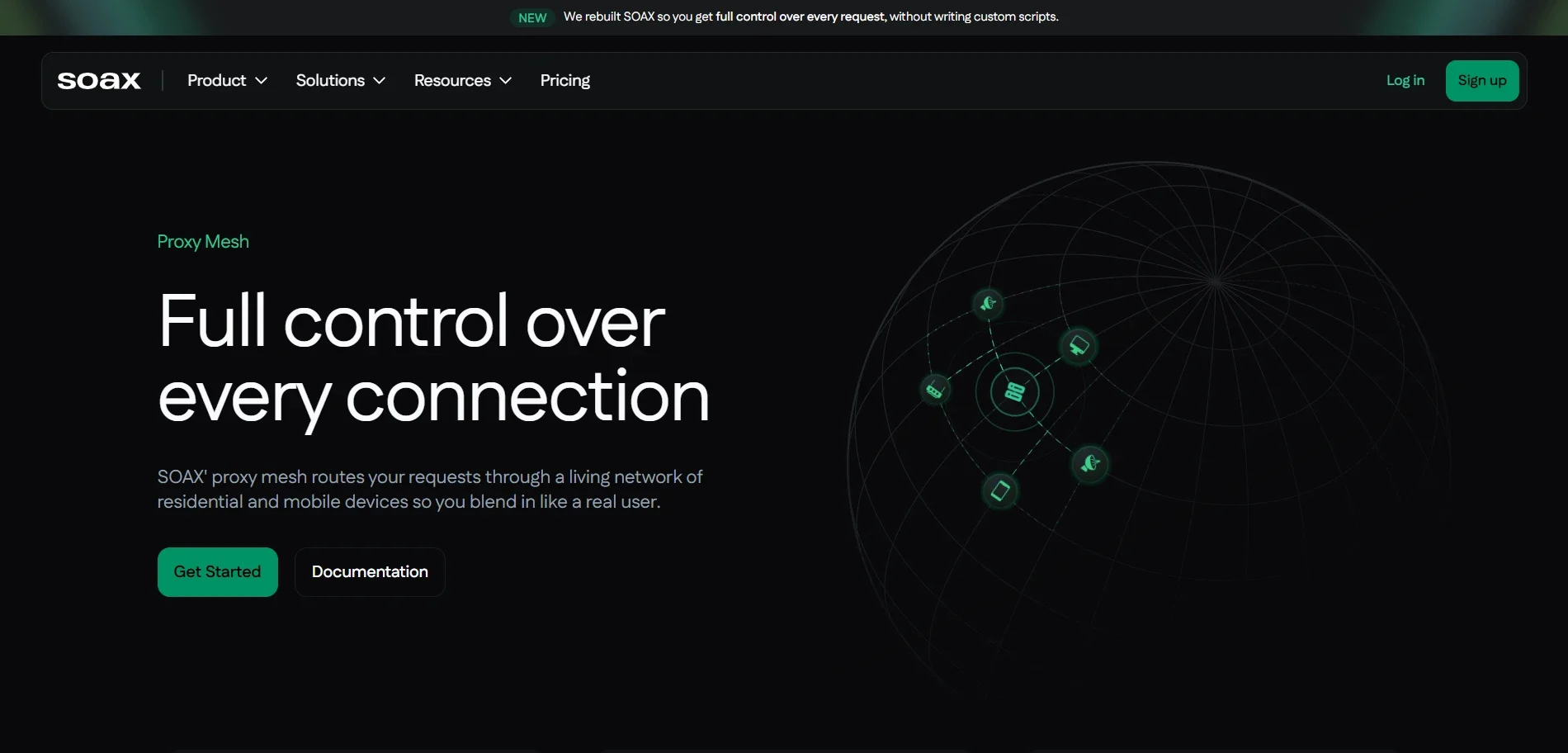 Screenshot of the SOAX proxy dashboard featuring residential proxy settings for Facebook automation and browsing.