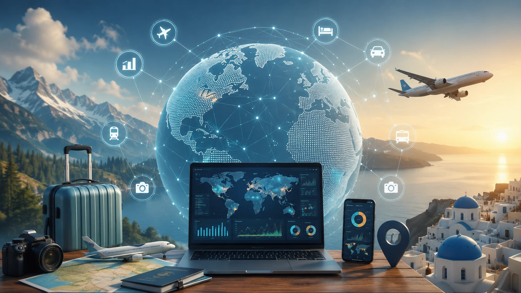 Digital globe with travel data analytics dashboard showing flight, hotel, and transport datasets for travel intelligence