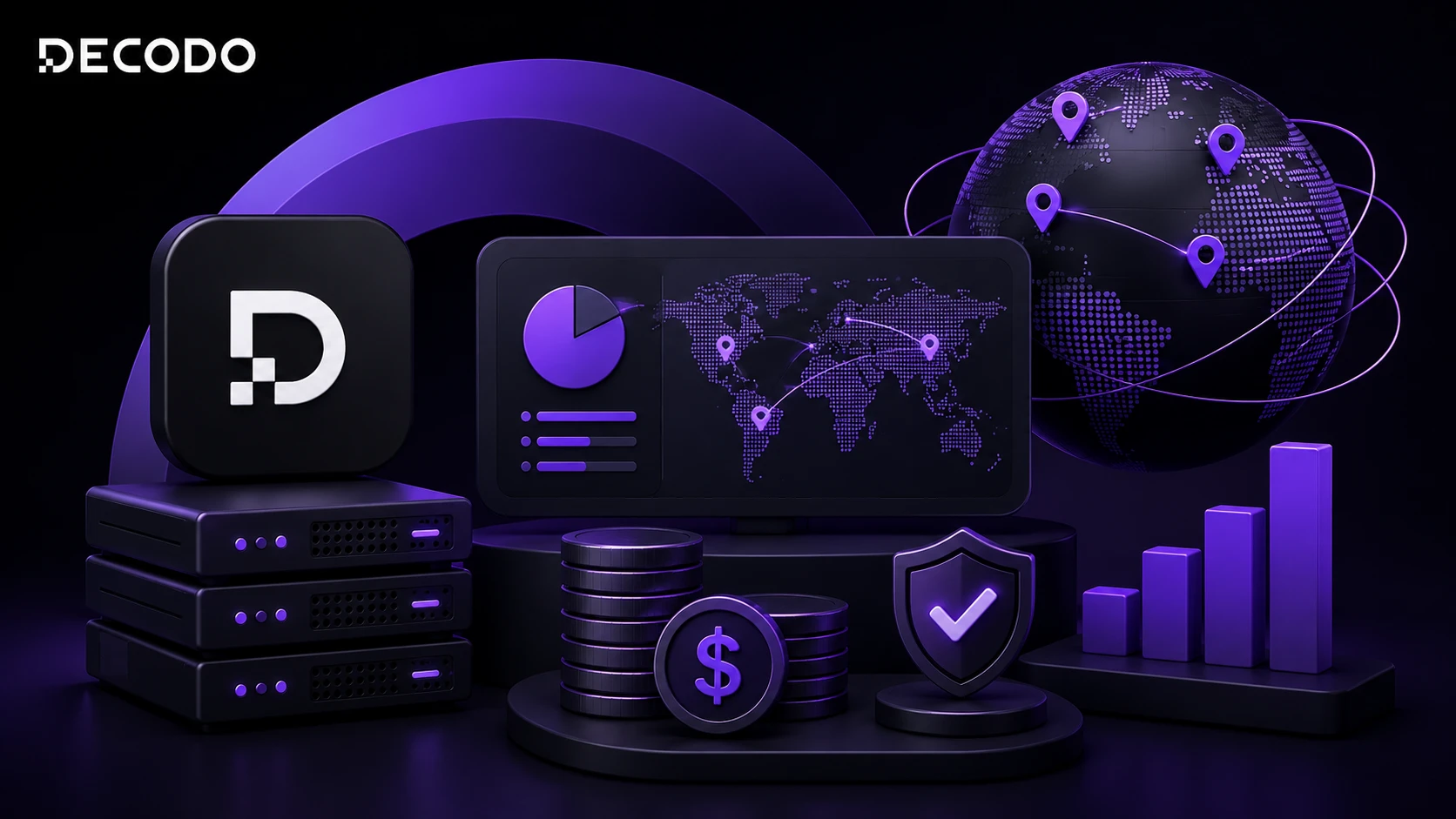 Decodo pricing guide cover showing proxy servers, global network map, cost coins, and growth chart