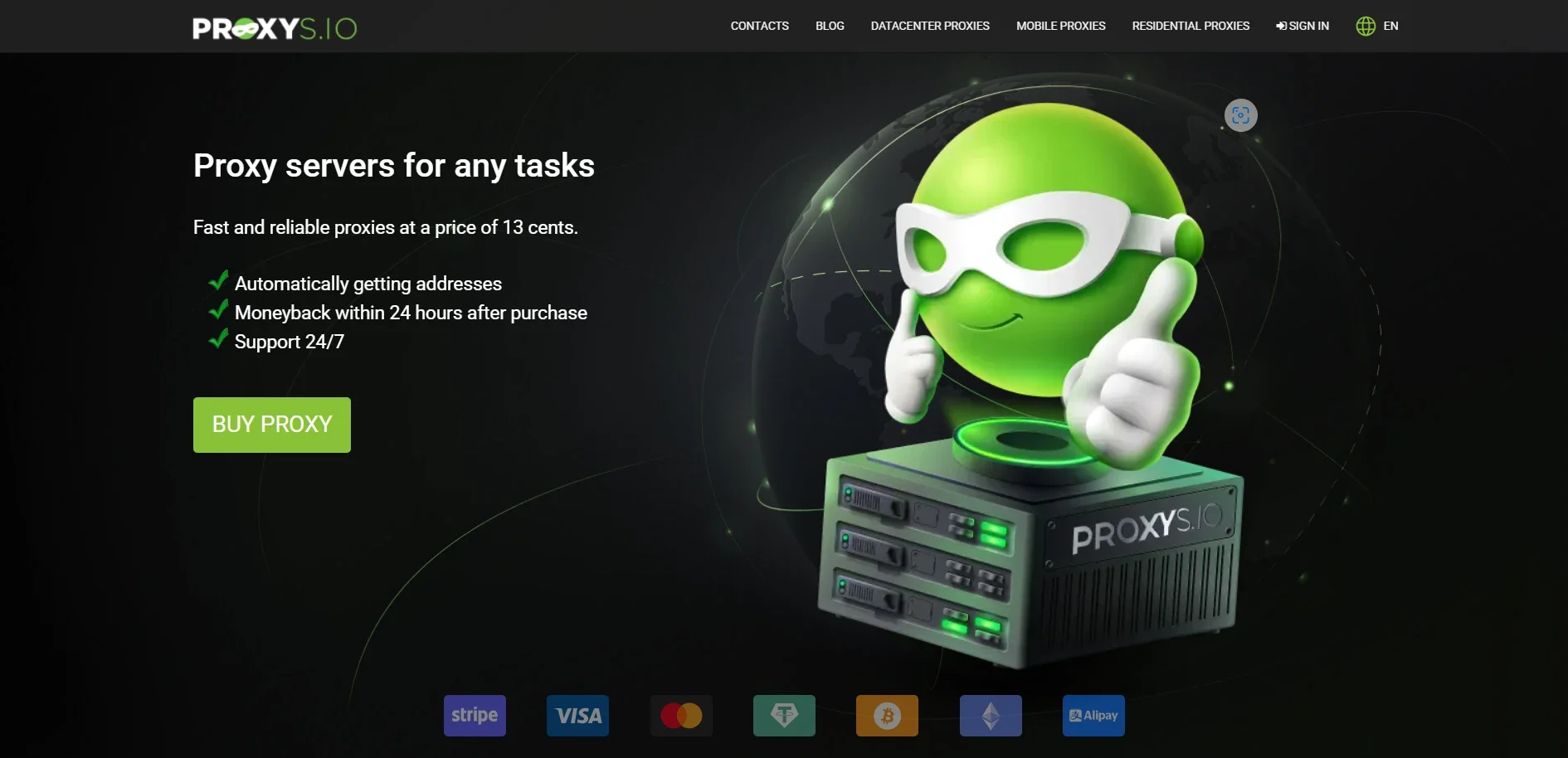 Proxys.io homepage showcasing affordable proxy servers with mascot and server illustration