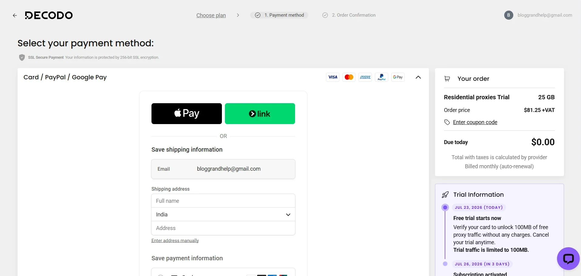 Decodo residential proxy free trial checkout with 100MB trial terms