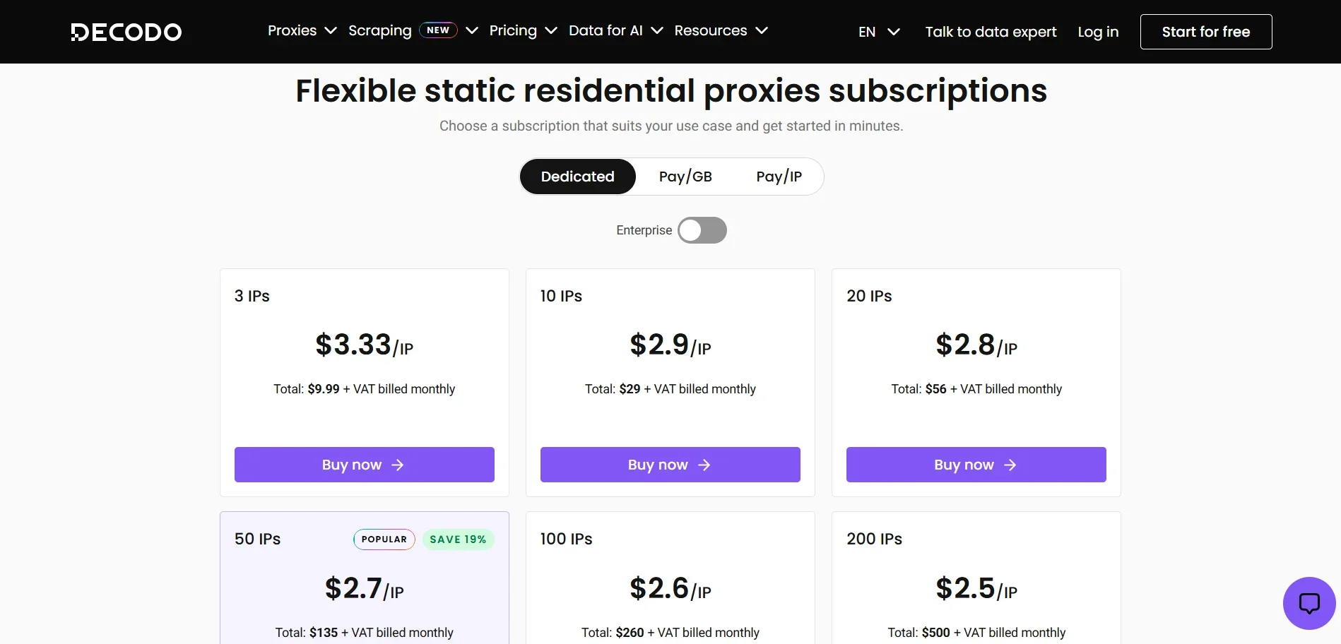 Decodo static residential ISP proxy pricing tiers by IP count