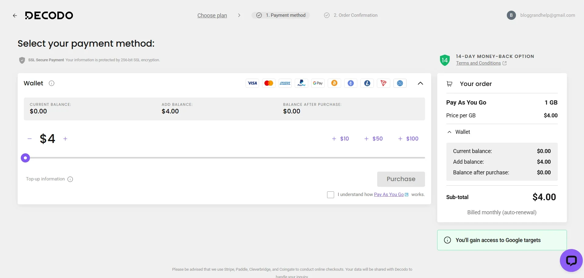 Decodo Pay As You Go wallet checkout showing $4 per GB pricing