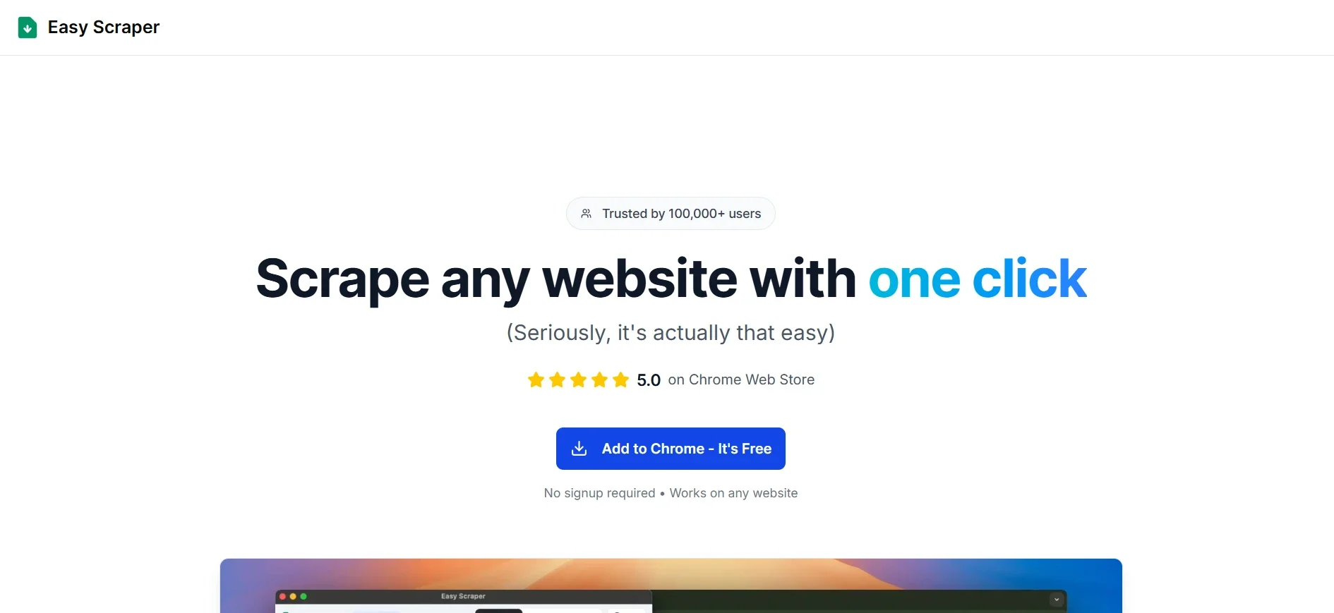 Easy Scraper Chrome extension homepage showing a five star Chrome Web Store rating and a one click install button