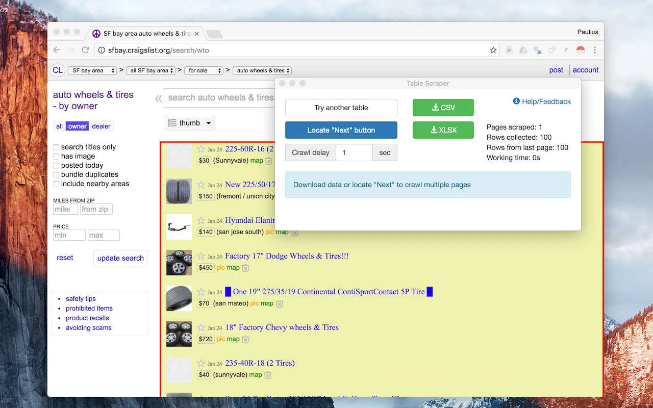 Instant Data Scraper Chrome extension popup showing a scraped listings table with CSV and XLSX export buttons and pagination controls