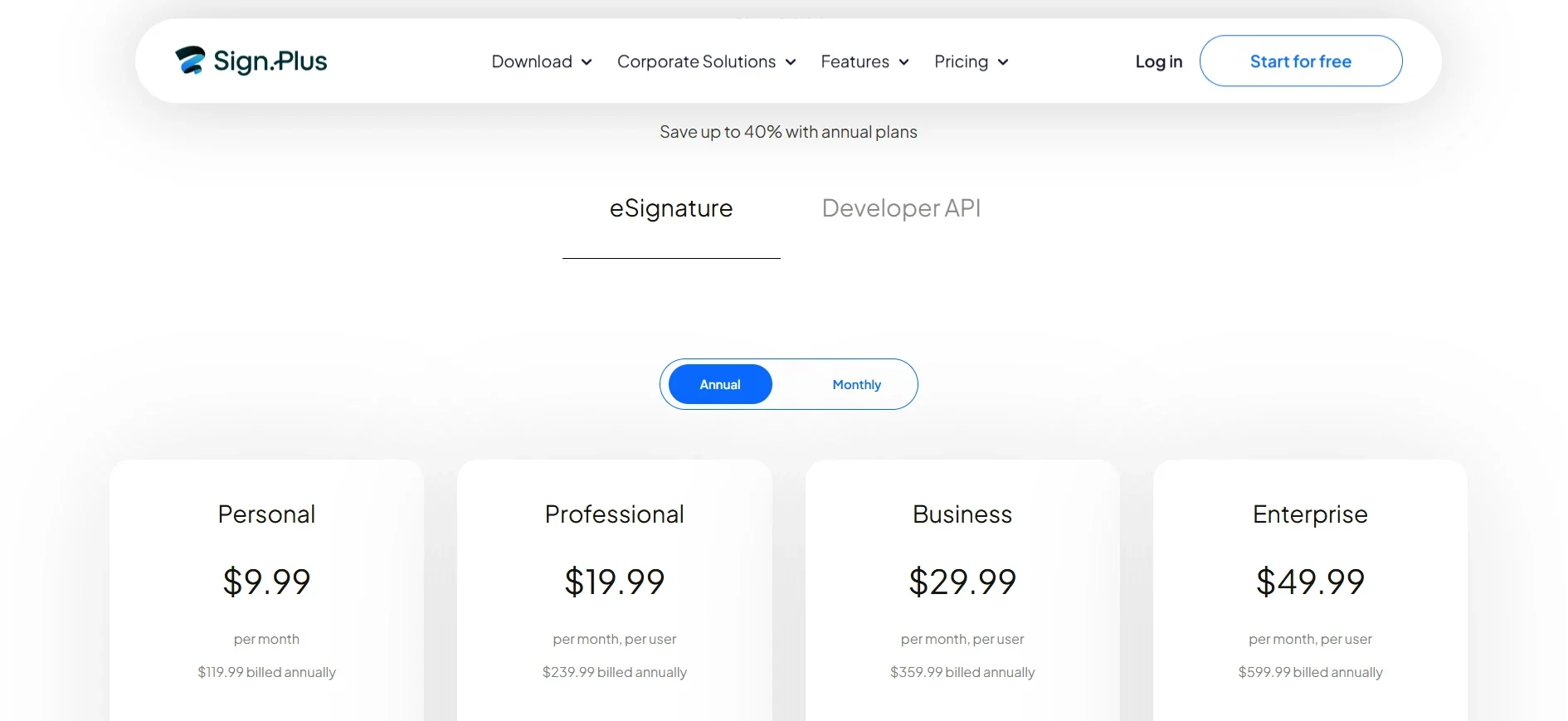 Sign.Plus pricing page showing Personal, Professional, Business, and Enterprise eSignature plans