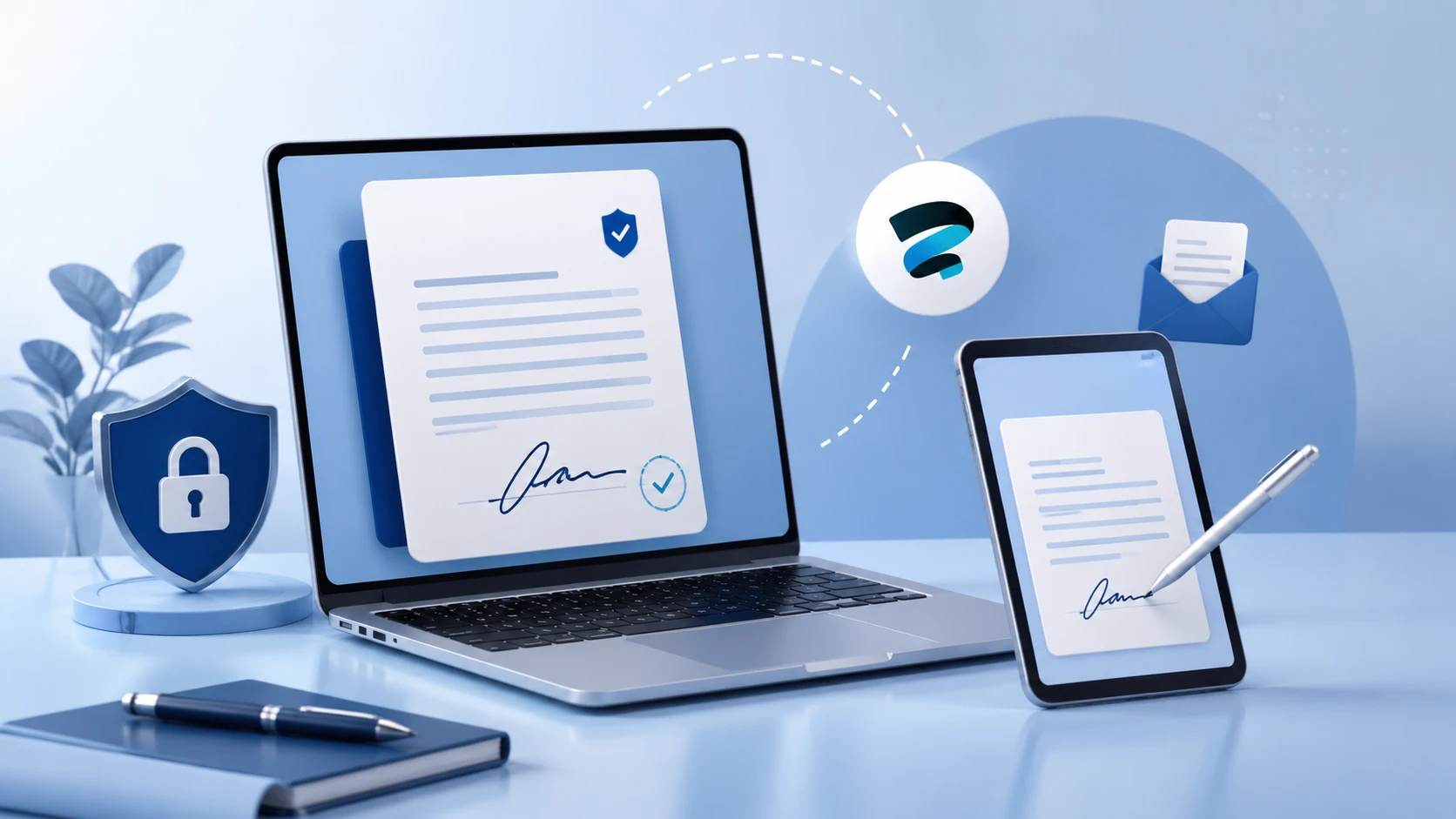 Digital illustration of Sign.Plus electronic signature platform showing secure document signing on laptop and tablet devices