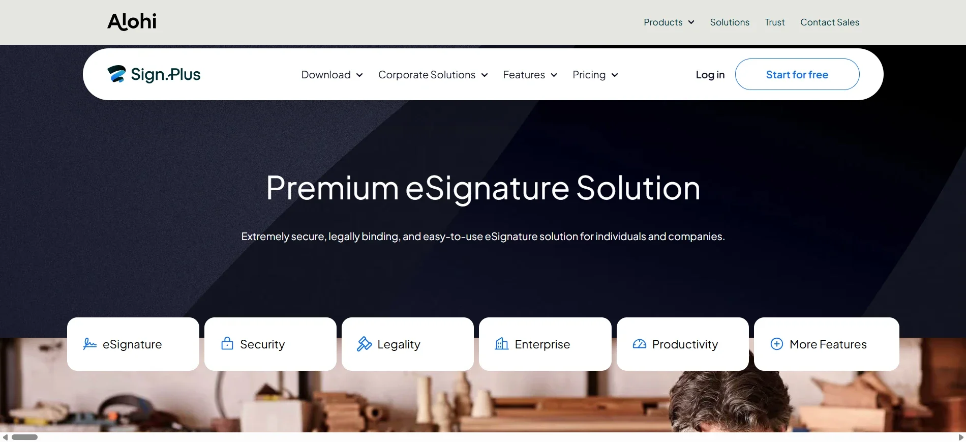 Sign.Plus features page highlighting eSignature, security, legality, enterprise, and productivity tools
