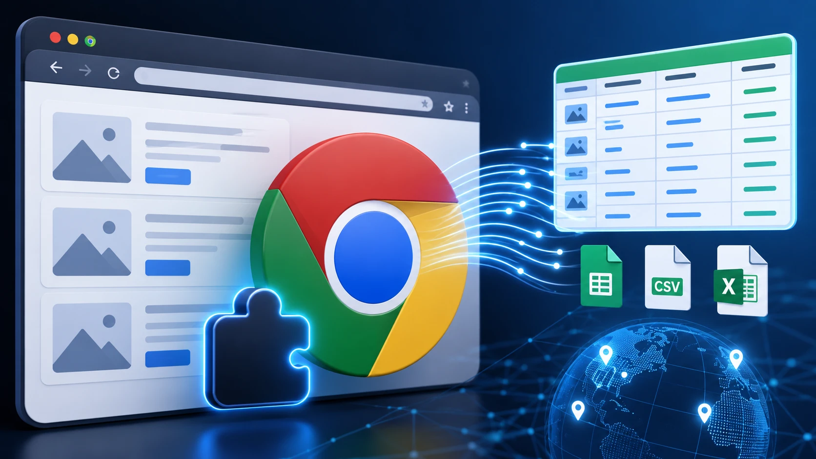 Illustration of a Chrome browser extension pulling listing data from a webpage and exporting it into a spreadsheet as CSV and Excel files, with global location markers representing proxy coverage