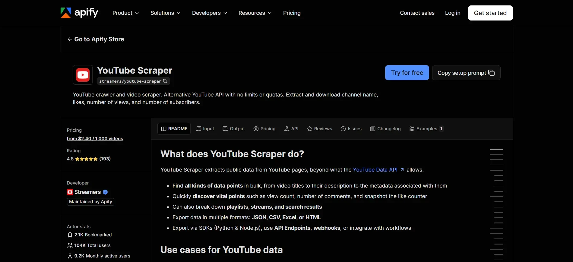 Apify YouTube Scraper actor page showing pricing and data export options