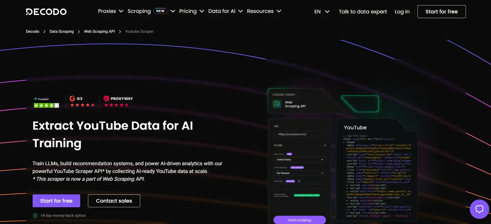 Decodo YouTube Scraper API dashboard for extracting AI training data at scale