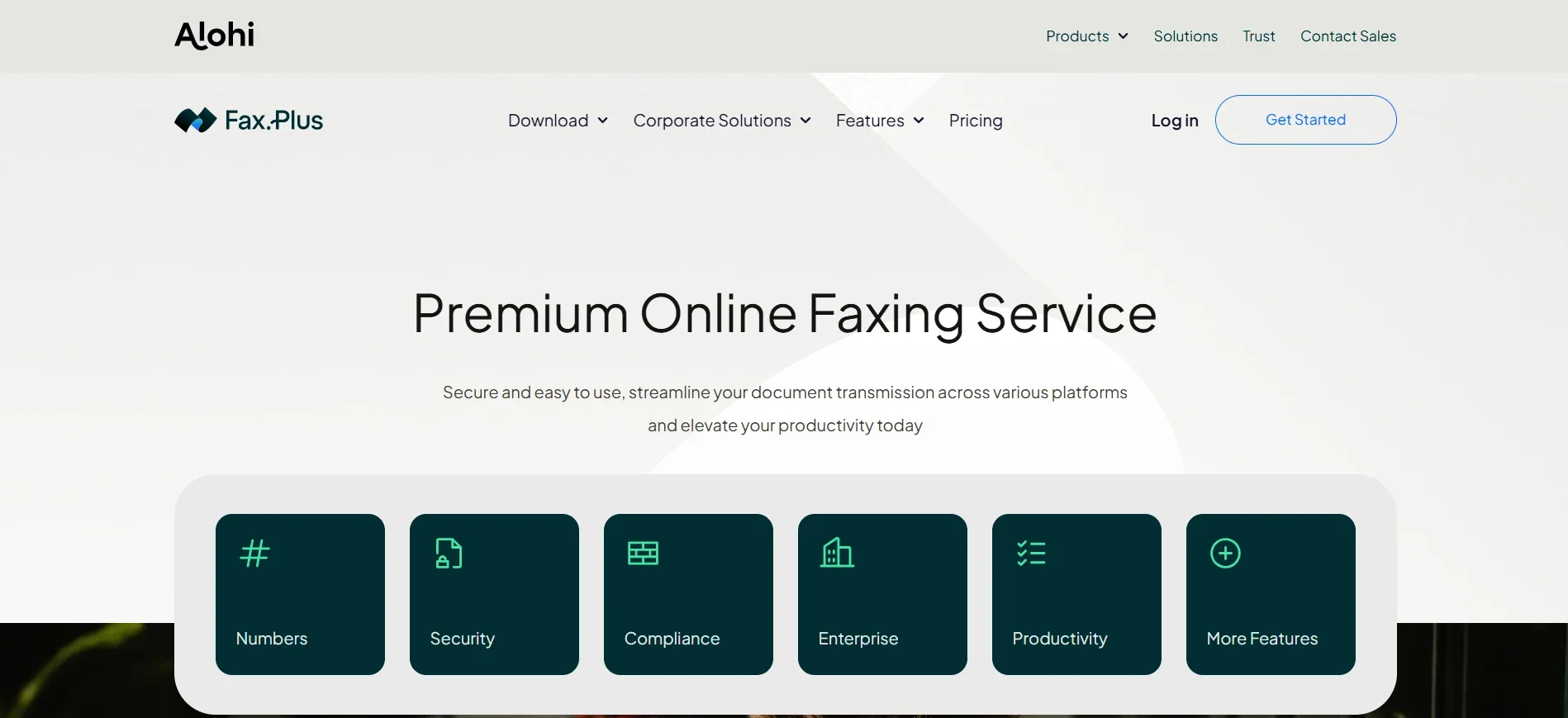 Fax.Plus features menu covering numbers, security, compliance, and productivity tools