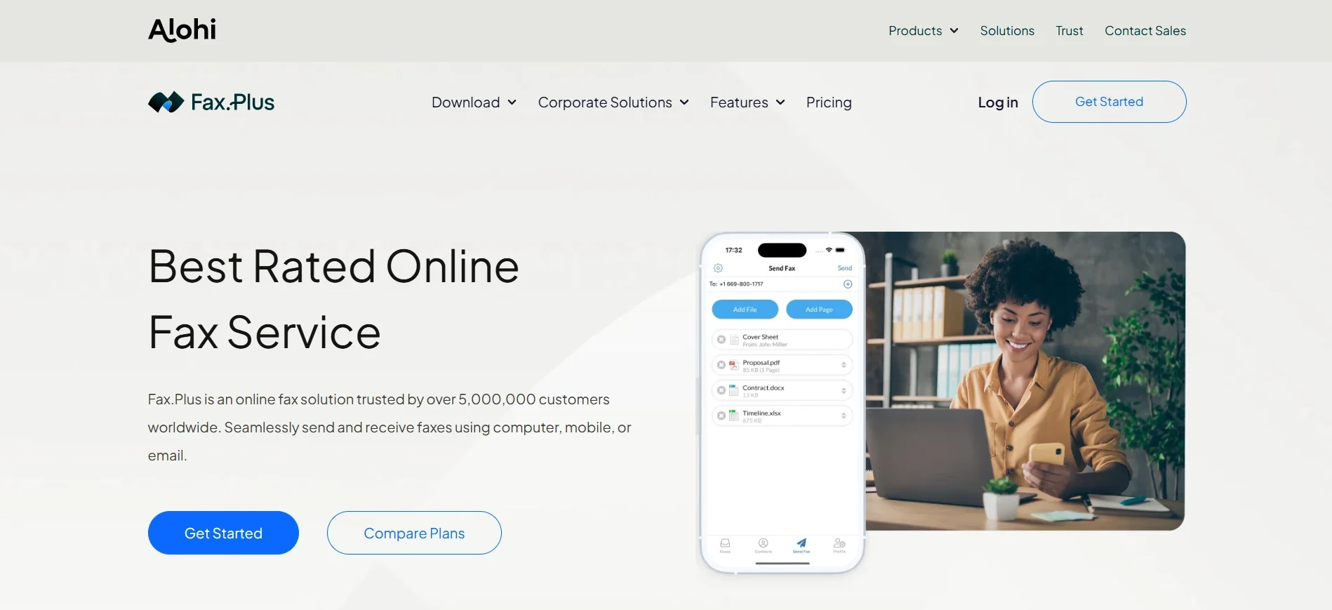 Fax.Plus homepage showing the online fax service trusted by 5 million users worldwide