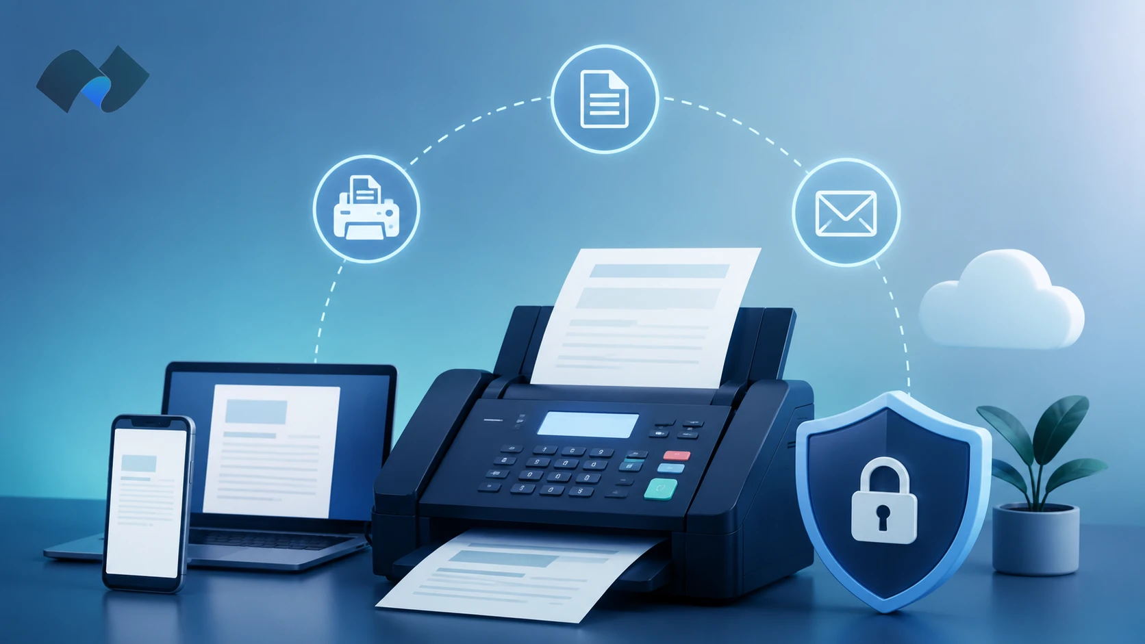 Fax.Plus review featured image showing secure online faxing across fax machine, mobile, and email