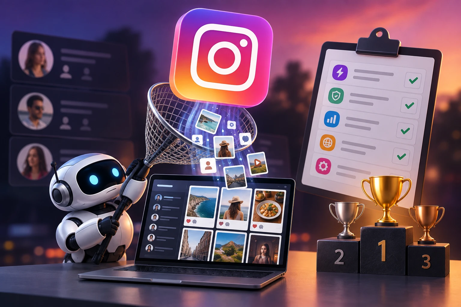 AI robot scraping Instagram photos and profiles, ranked on a podium, illustrating the best Instagram scrapers compared
