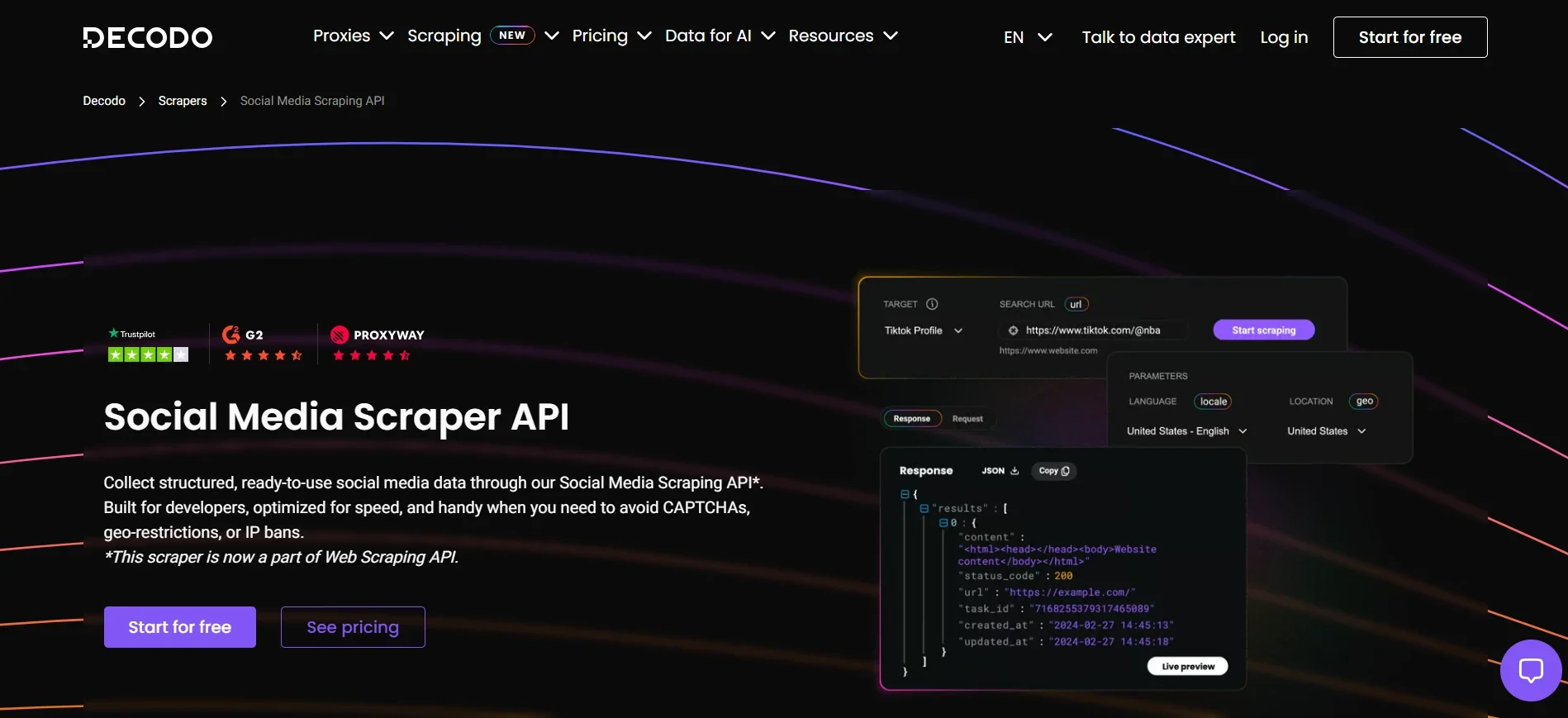 Decodo Social Media Scraper API homepage showing structured data extraction for Instagram and other social platforms